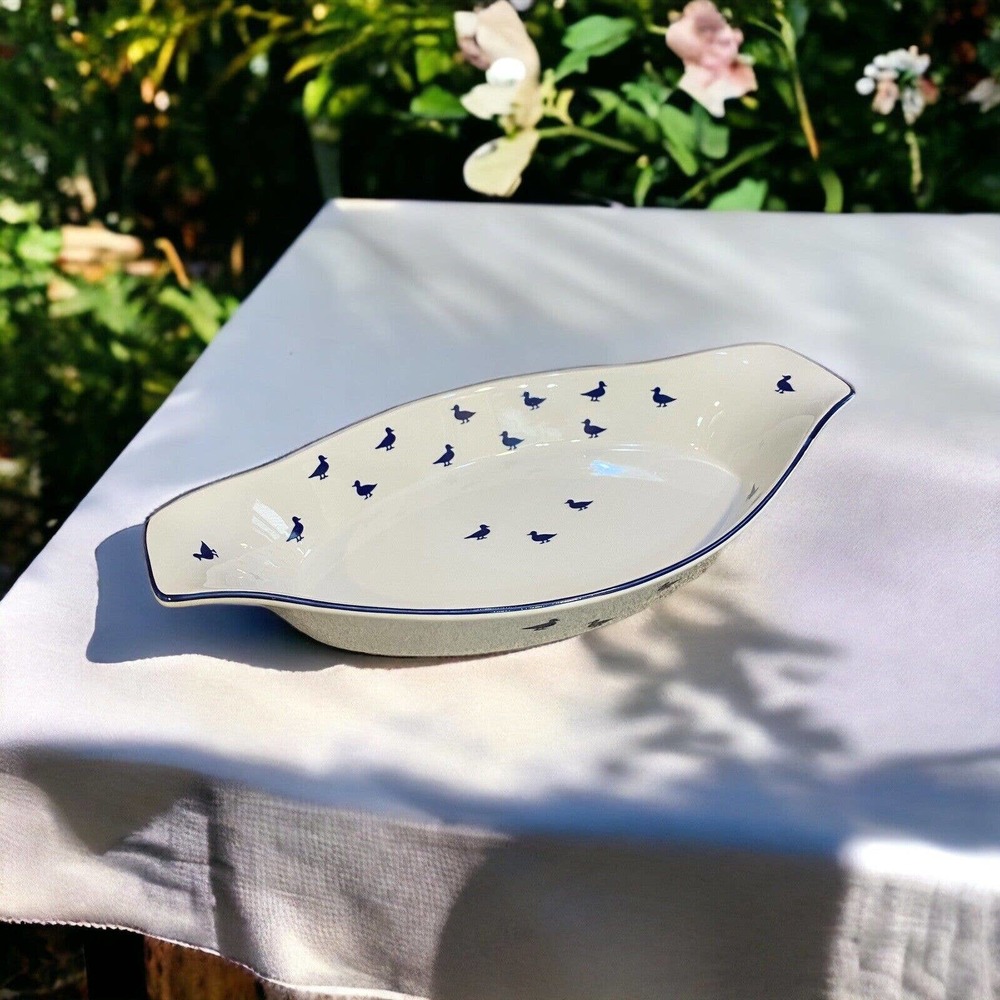 Vintage Shafford Blue Ducks Fine Porcelain Oval Baking Dish 12.5"
